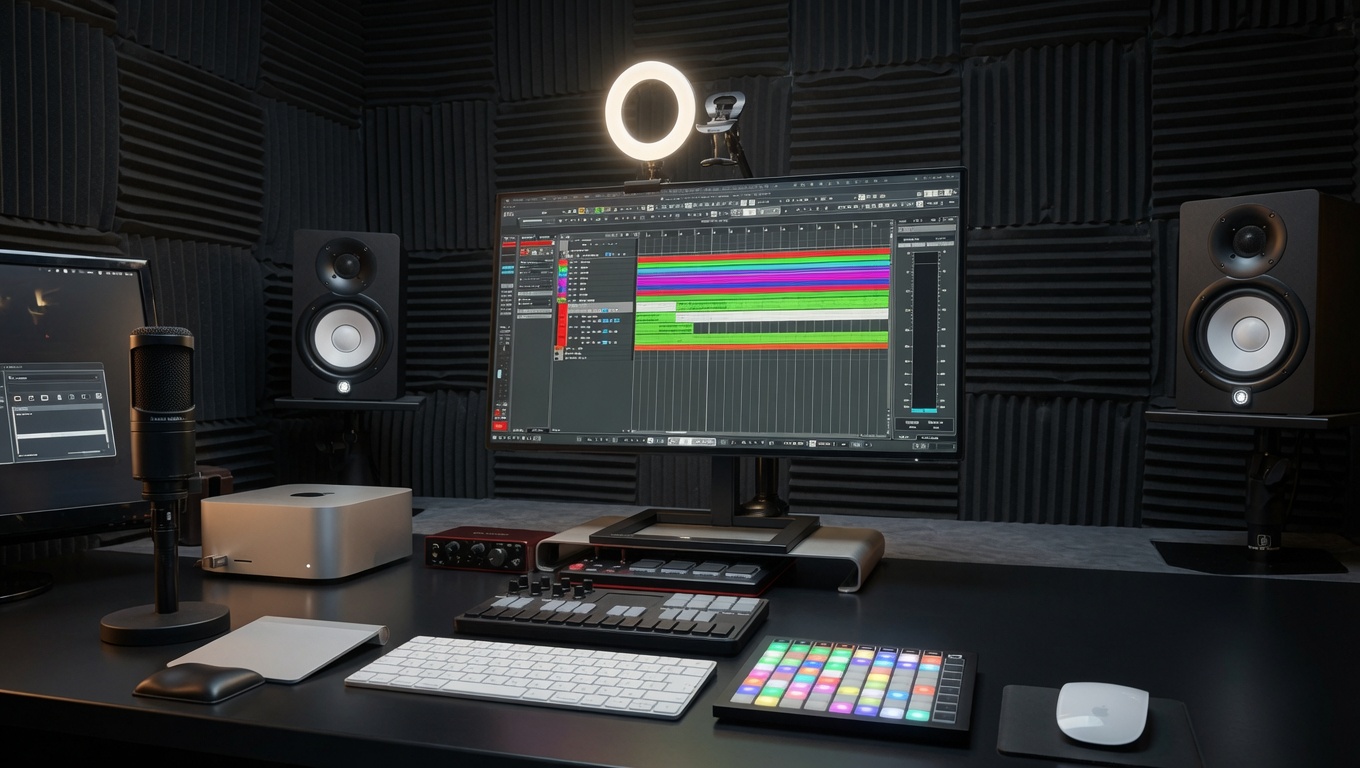 Akashic Music Production の機材写真、CubaseとMac Studio、Yamaha HS-5、Novation LaunchPad 、Waves Ultimate