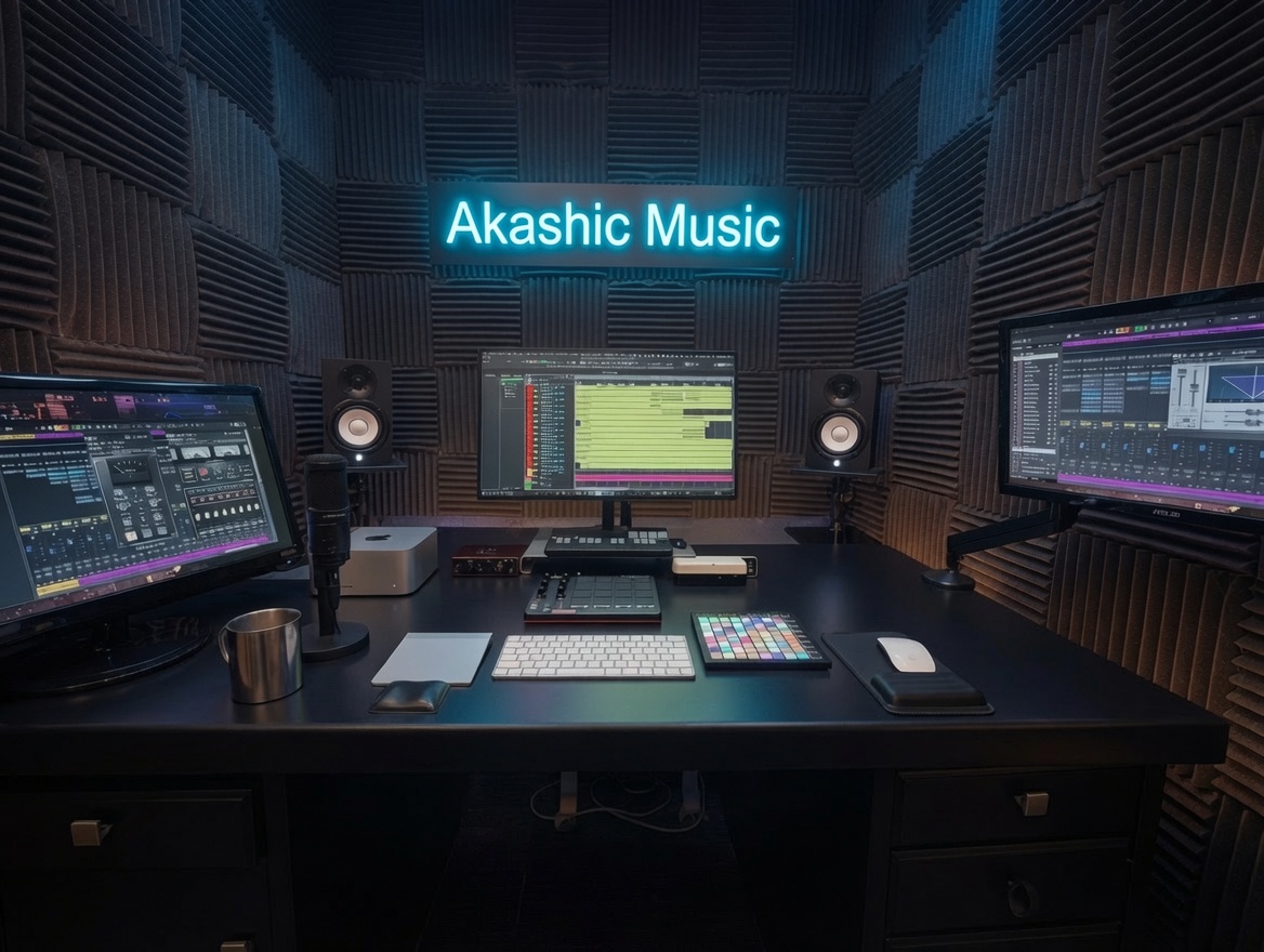 Akashic Music Production の機材写真、CubaseとMac Studio、Yamaha HS-5、Novation LaunchPad 、Waves Ultimate