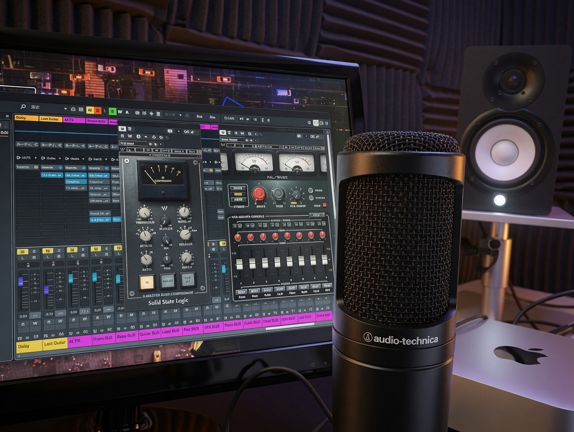 Akashic Music Production の機材写真、CubaseとMac Studio、Yamaha HS-5、Novation LaunchPad 、Waves Ultimate