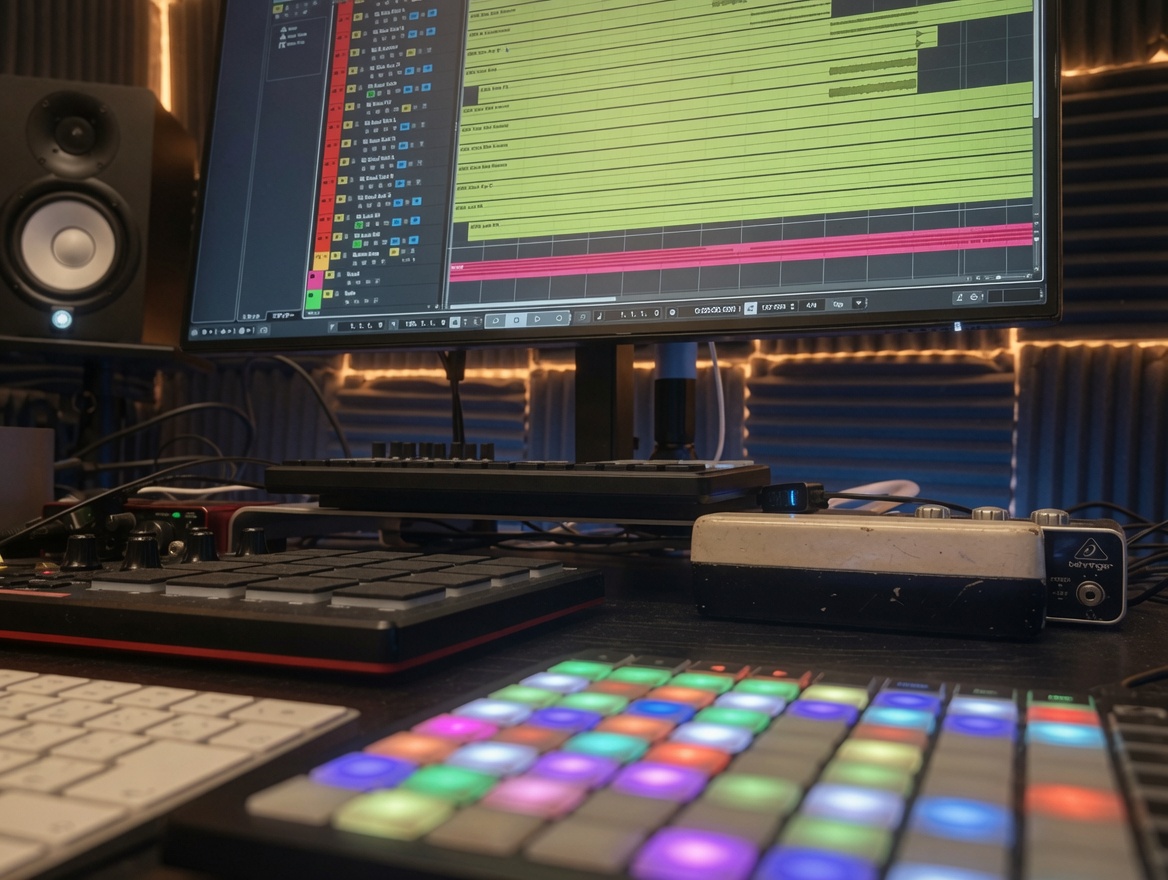 Akashic Music Production の機材写真、CubaseとMac Studio、Yamaha HS-5、Novation LaunchPad 、Waves Ultimate
